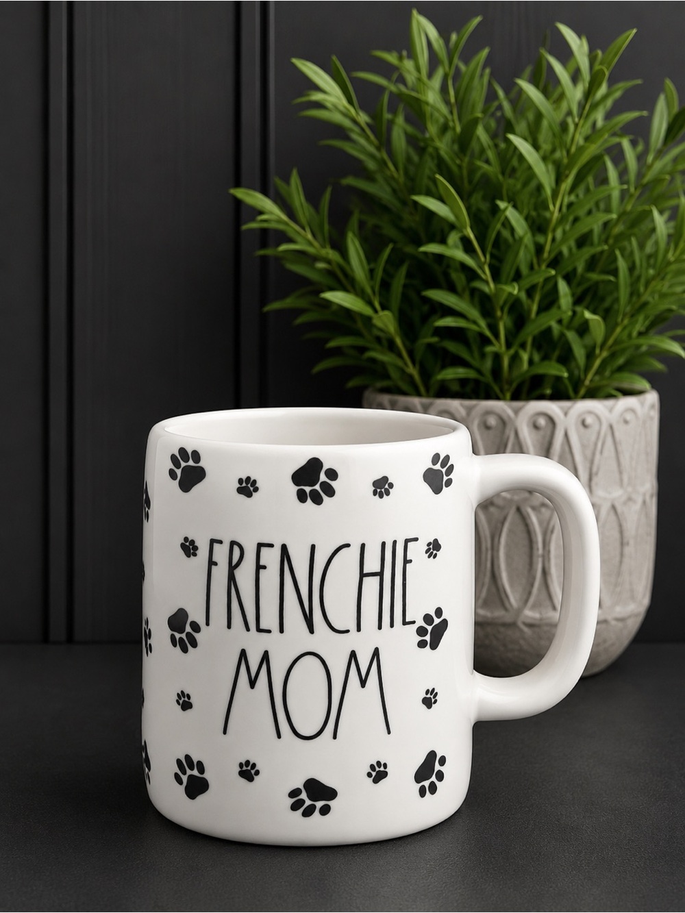 Frenchie Mom White Ceramic Mug with Black Paw Design
